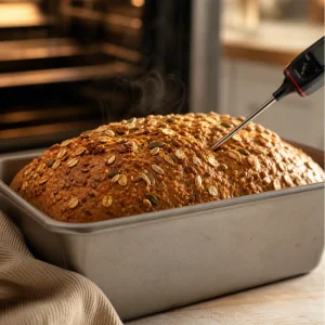 Golden baked multigrain seeded bread in a loaf pan with toasted oat topping