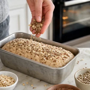 Proofed loaf topped with extra oats sunflower flax and sesame seeds before baking