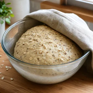 Risen seeded bread dough in a greased bowl under a damp cloth