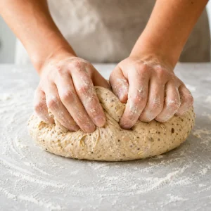 Seeded bread dough kneaded on a lightly floured surface until smooth and elastic