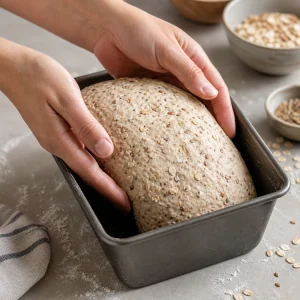 Seeded dough shaped into a loaf and placed in a greased loaf pan