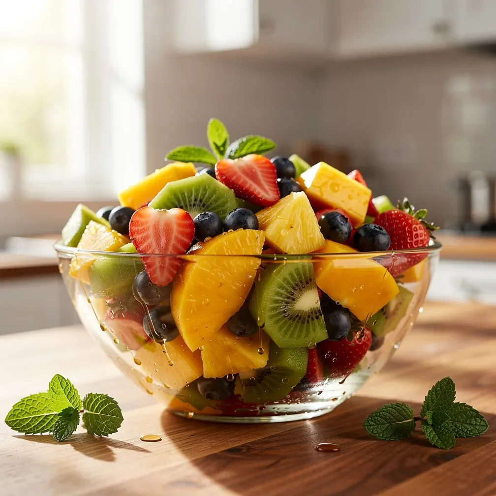 Colorful fruit salad with strawberries, mango, and blueberries in a glass bowl