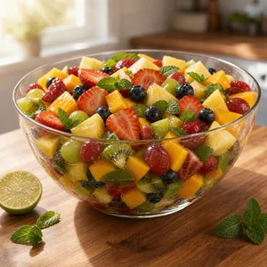 Finished honey lime fruit salad with fresh mint