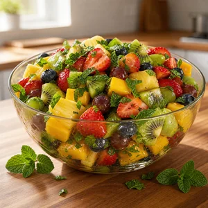 Fresh mint sprinkled over honey lime fruit salad