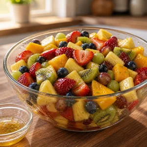 Fruit salad coated with glossy honey lime dressing