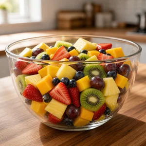 Prepared rainbow fruit combined in a glass bowl