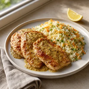 Filetes de pavo con miel y mostaza y arroz con zanahoria