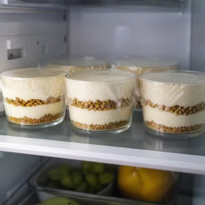 Vasitos de crema en capas tapados y enfriándose en la nevera