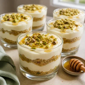 Vasitos de crema con pistachos picados y un hilo de miel