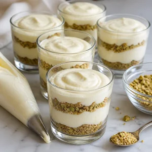Crema en capas sobre bases de migas en vasitos de postre