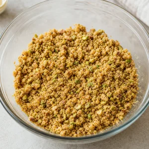 Mezcla húmeda de migas con pistachos, nueces y galleta en un bol