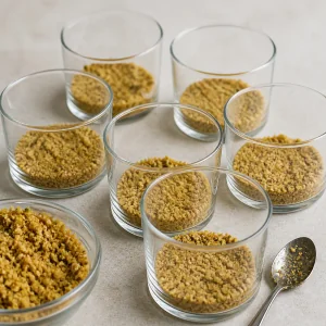 Bases de migas de frutos secos presionadas en vasitos transparentes