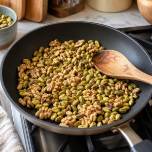 Pistachos y nueces tostándose en una sartén seca