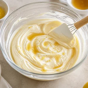 Crema lisa de queso con miel y ralladura de limón en un bol