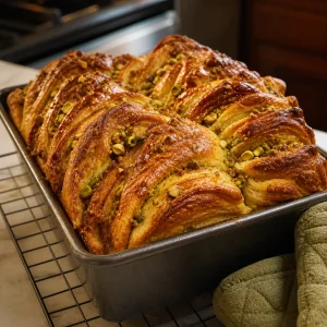 Deeply golden baked pistachio pull-apart bread in a loaf pan