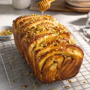 Finished honey pistachio pull-apart bread cooling on a rack with honey drizzle