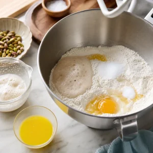 Flour, egg, melted butter, and yeast mixture combined in a mixer bowl