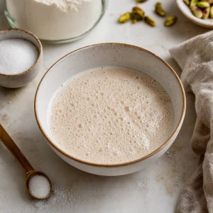 Foamy yeast mixture blooming in warm milk for pull-apart bread