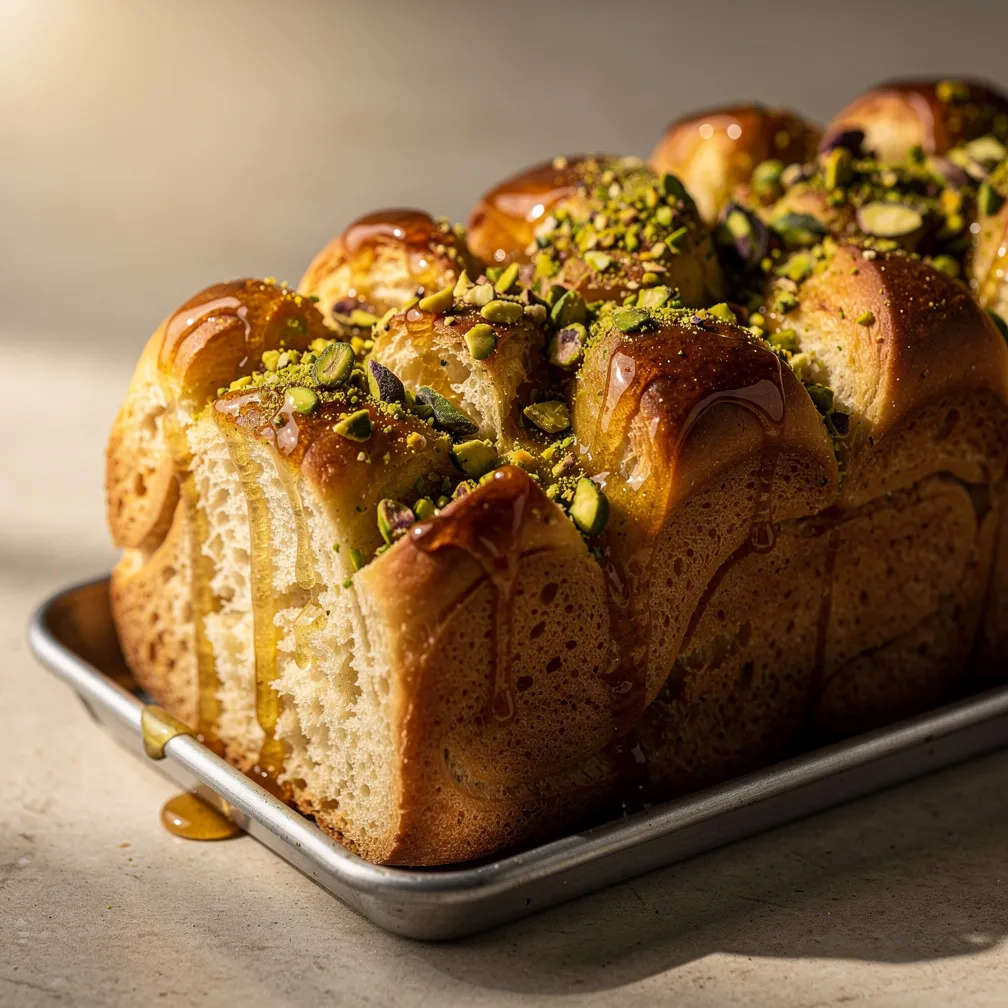 Golden-brown pull-apart bread topped with honey glaze and crushed pistachios in a loaf pan