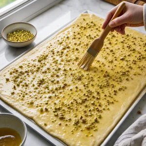 Honey butter brushed over dough and sprinkled with chopped pistachios