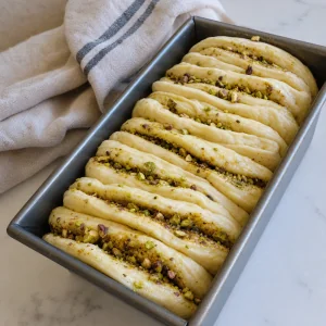 Pistachio dough stacks arranged cut-side up in a loaf pan for second rise