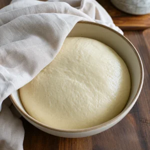 Risen dough doubled in a greased bowl under a towel