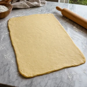Risen dough rolled into a large rectangle on a floured surface