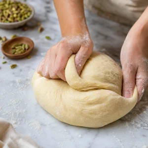 Soft enriched dough kneaded on a floured counter until smooth and elastic