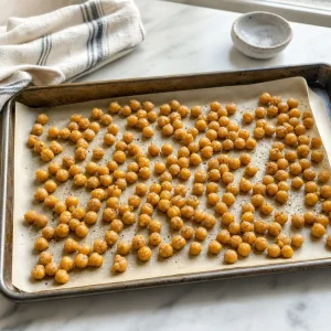 Ceci con olio d'oliva, amido di mais, sale e pepe distribuiti su una teglia.