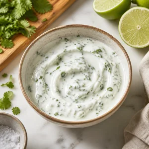 Yogurt greco sbattuto con succo di lime e coriandolo tritato per una salsa fresca.