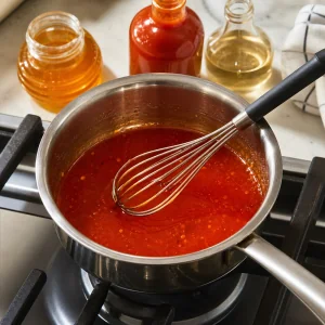 Miele, salsa piccante e aceto di mele sbattuti in una glassa lucida al miele piccante.