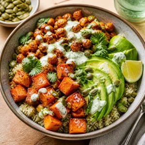 Ciotola di quinoa con patate dolci al miele piccante, ceci croccanti, avocado, yogurt e pepitas.