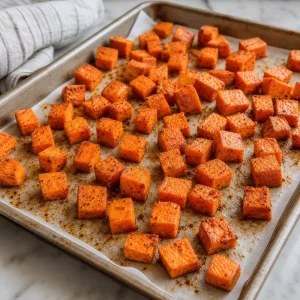 Cubetti di patata dolce con olio d'oliva, paprika affumicata, sale e pepe su una teglia.