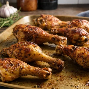 Coxas de frango crocantes assadas a descansar no tabuleiro antes de servir