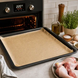 Tabuleiro forrado com papel vegetal pronto para coxas de frango crocantes assadas