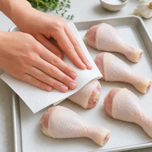 Coxas de frango cruas secas com papel toalha para pele crocante