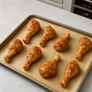 Coxas de frango temperadas espacadas num tabuleiro forrado com papel vegetal