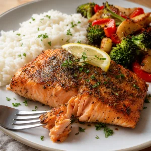 Salmone croccante in friggitrice ad aria servito con limone erbe riso e verdure