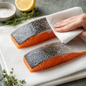Filetti di salmone asciugati con carta da cucina prima della cottura in friggitrice ad aria