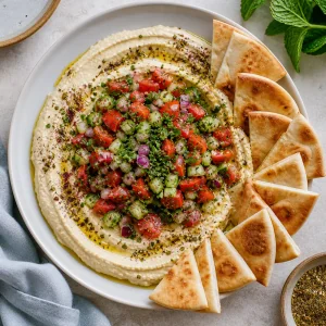Piatto di hummus finito con erbe, zaatar e pita