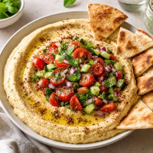 Houmous garni de salade tomate-concombre et de pain pita