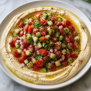 Insalata di pomodori e cetrioli sull'hummus