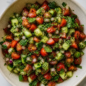 Insalata di pomodori e cetrioli mescolata con erbe fresche