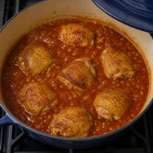 Browned chicken simmering in red paprika sauce