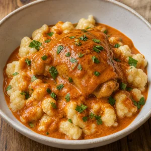 Chicken paprikash served over buttered egg dumplings with parsley