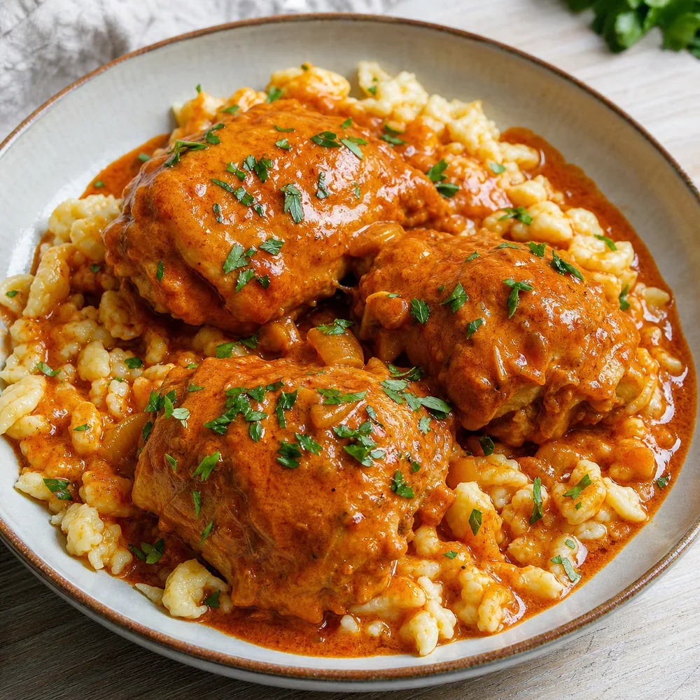 Chicken paprikash with egg dumplings in paprika sauce