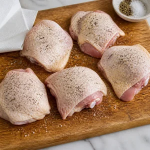 Raw chicken thighs seasoned with salt and pepper
