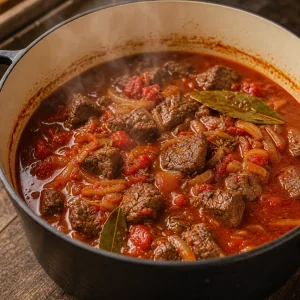 토마토와 월계수 잎을 넣고 끓는 파프리카 쇠고기 스튜
