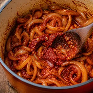 양파에 섞인 파프리카와 토마토 페이스트