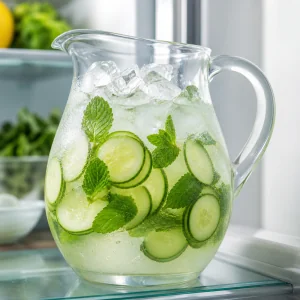 Chilled cucumber mint water pitcher with ice